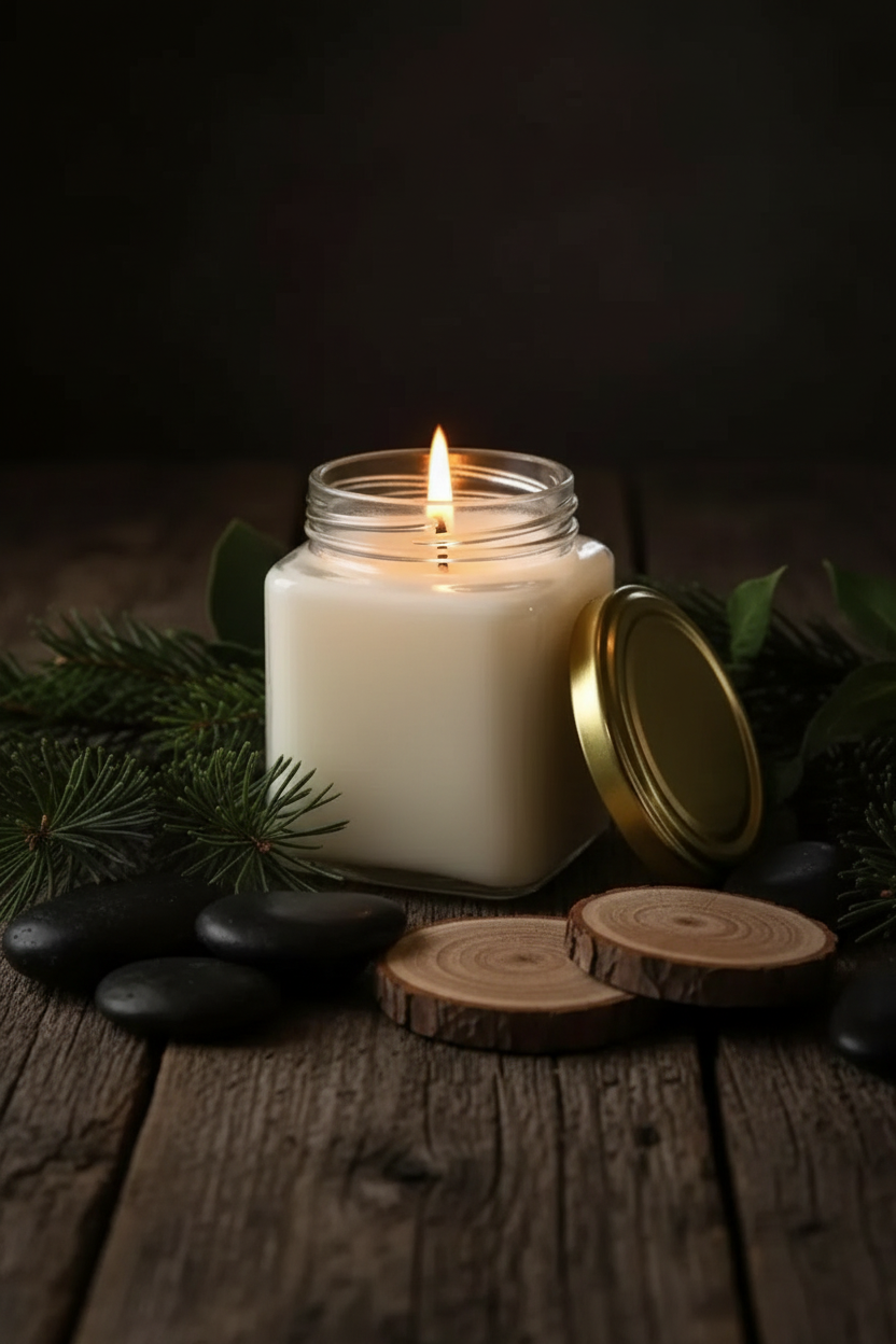 A lit white candle in a clear glass jar with a gold metal lid resting beside it on a rustic wooden surface, surrounded by stones and greenery.