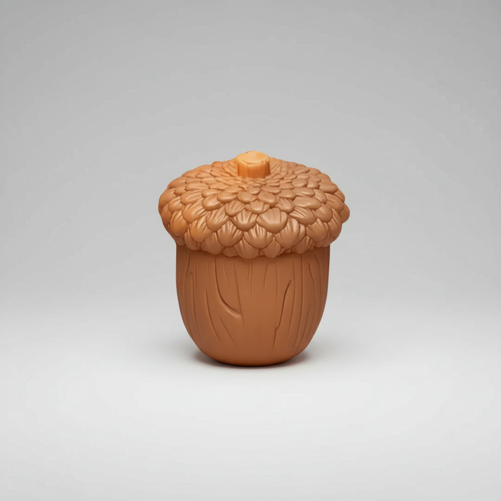 A decorative acorn-shaped container or planter with a textured brown cap and wood-grain body.