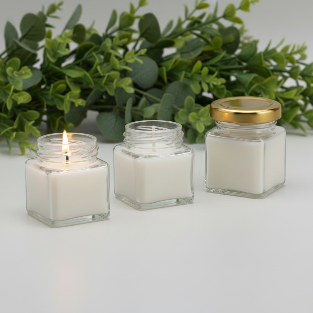 Three clear square glass jar candles with one lit candle.