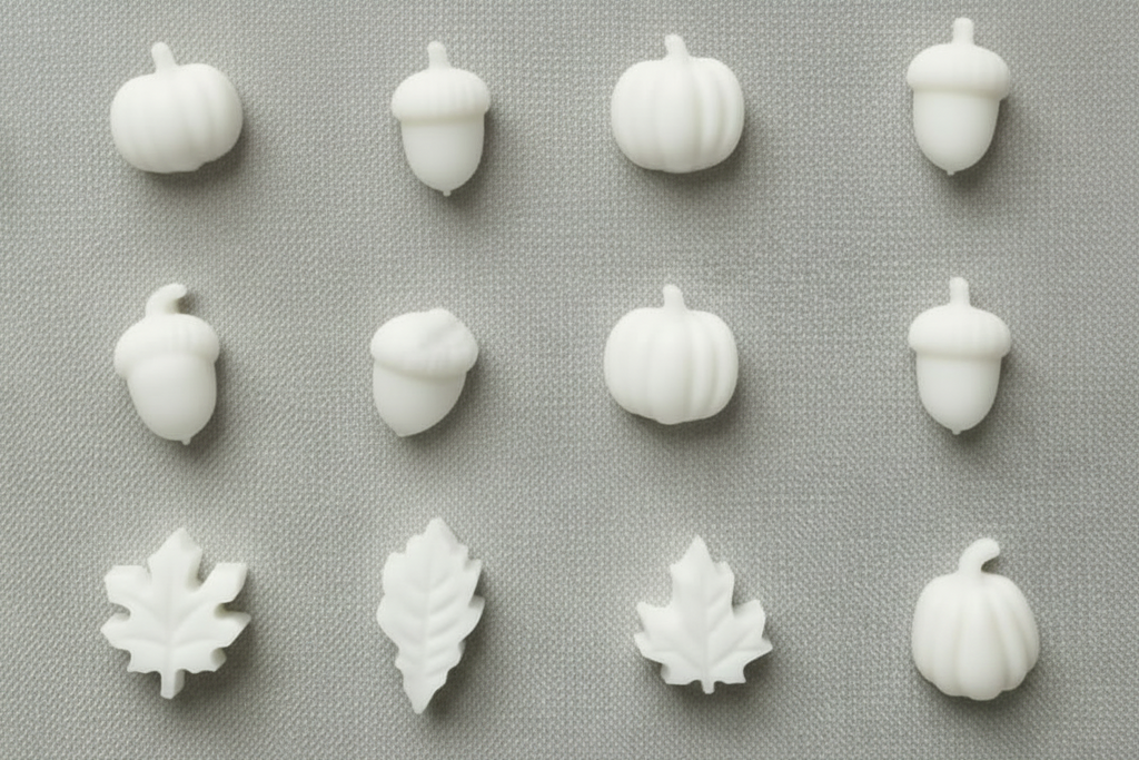Twelve small decorative acorn and leaf-shaped pieces in arranged in two rows on a textured beige fabric background.