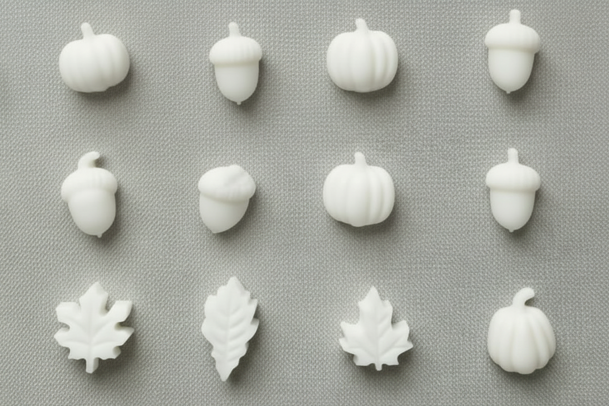 Twelve small decorative acorn and leaf-shaped pieces in arranged in two rows on a textured beige fabric background.
