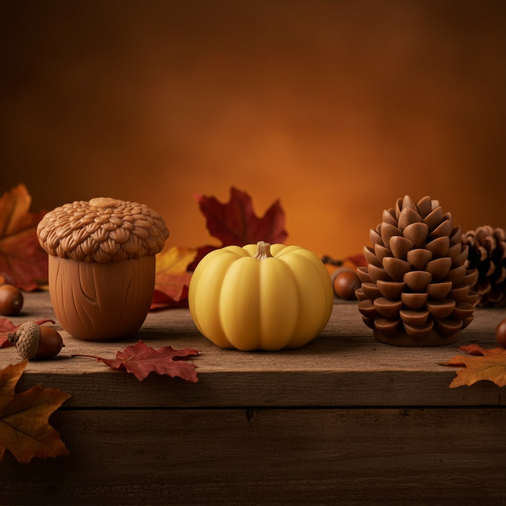 Three decorative sculptural objects displayed side by side on a fall themed background: a brown acorn-shaped candle with a textured lid, a smooth yellow pumpkin, and a brown pinecone-shaped candle.