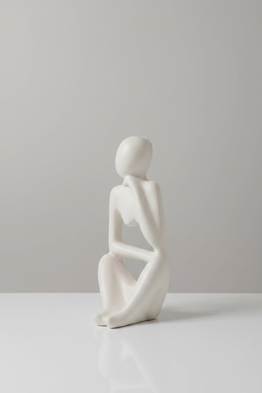 A minimalist white ceramic figurine of a seated nude female form.