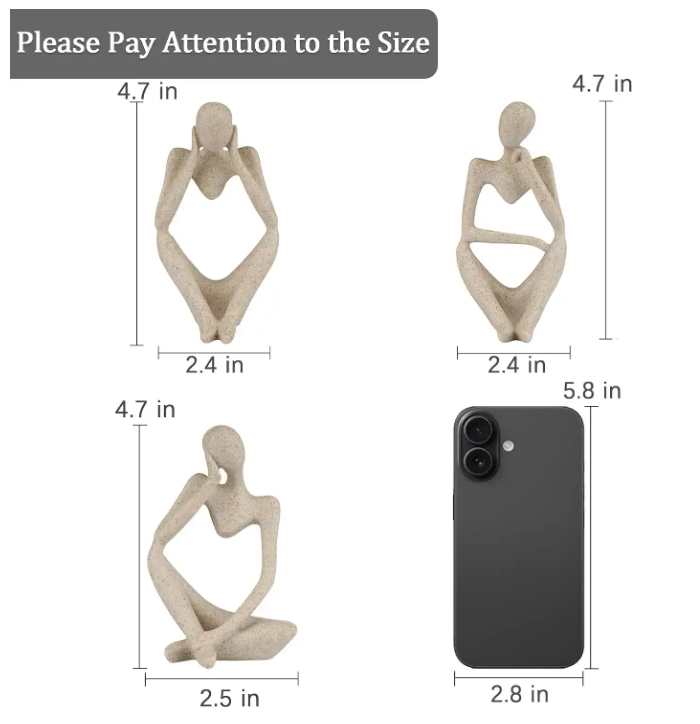 Three views of white seated human figure sculptures with dimension labels, plus a black smartphone shown for scale, on a white background with the text 'Please Pay Attention to the Size' in a gray header.