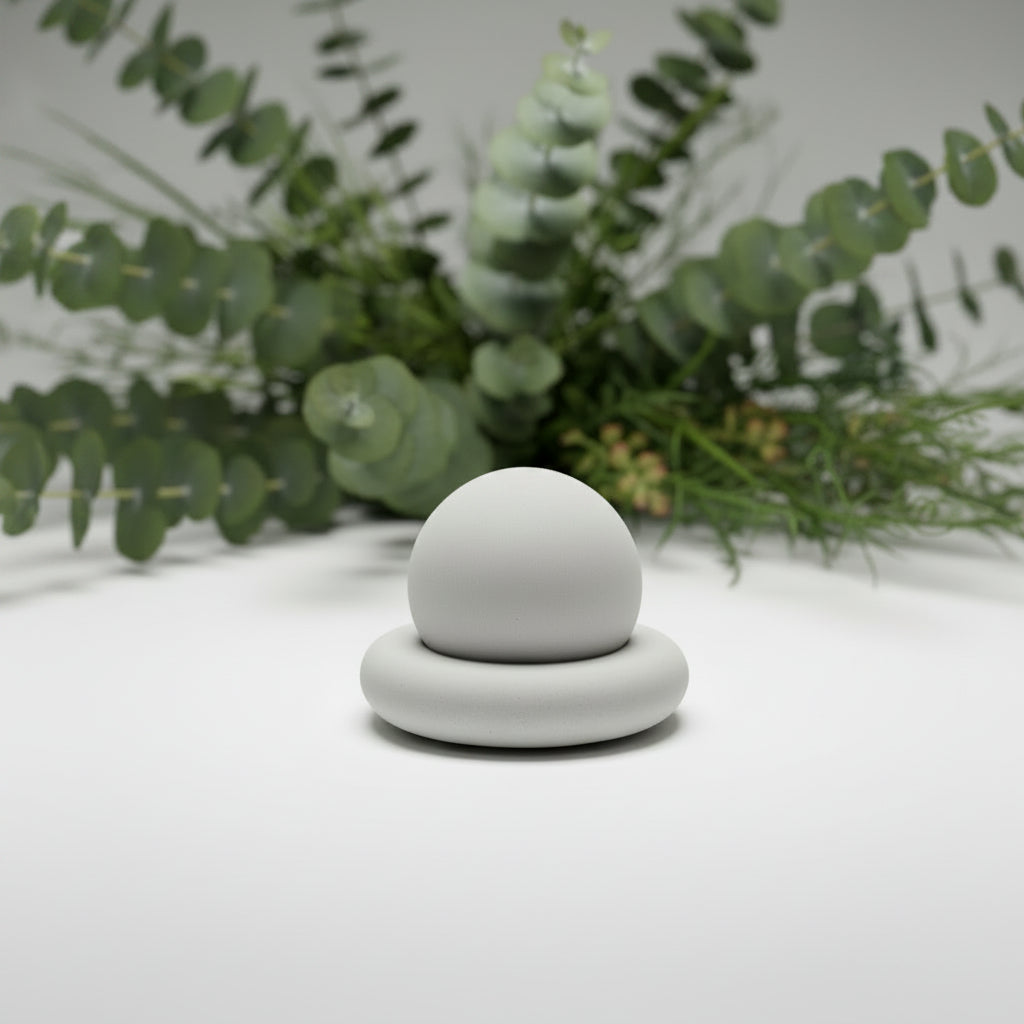 A minimalist white ceramic or stone decorative object with a rounded dome on a circular base.