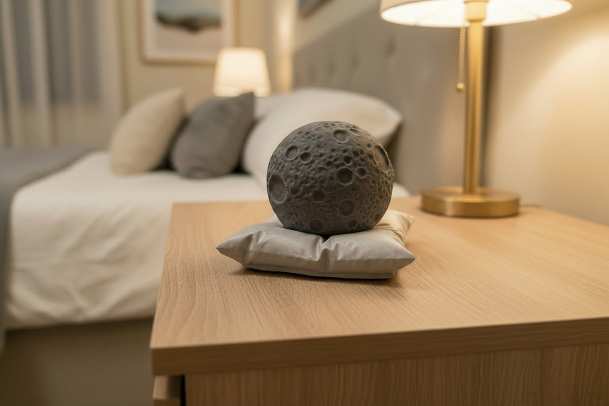 A white textured sphere with a cratered moon-like surface sits on a small square pillow.