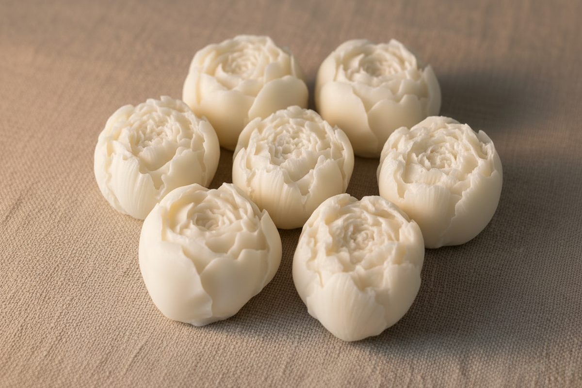 Seven white peony-shaped wax melts arranged on a textured gray surface.