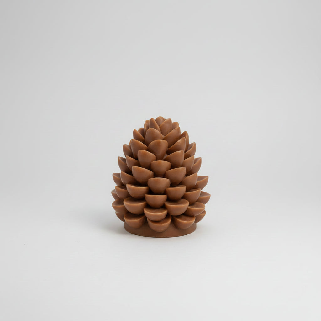 A brown pinecone with a textured, lotus-like layered design, shown on a plain white background.