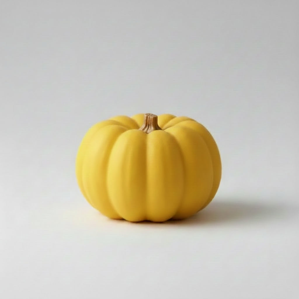 Decorative faux light orange pumpkin arranged on a light gray rectangular tray.
