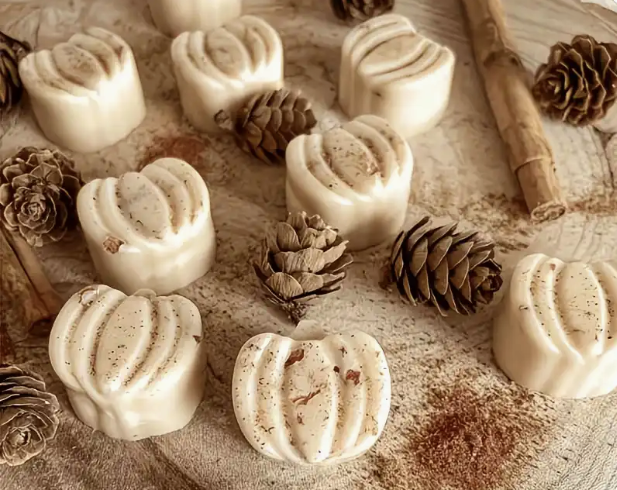 Several cream-colored wax melts with a pumpkin-like ribbed design and tiny brown speckles, arranged on a rustic wood slice with pinecones and cinnamon sticks.