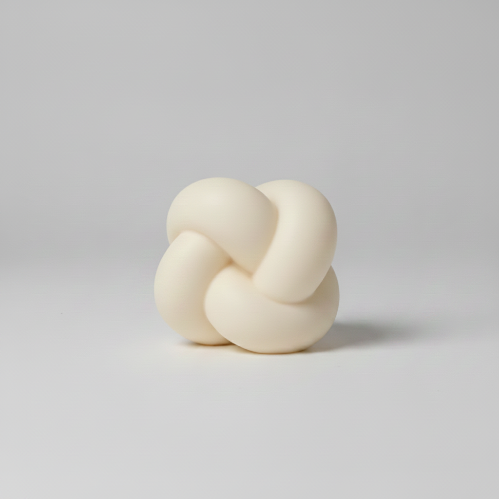 A close-up of a sculptural, knot-like candle with no wick.
