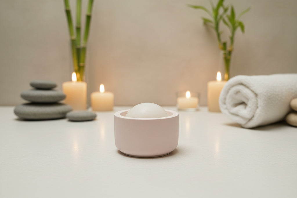 A small white ceramic cup or dish holding a smooth white round object.