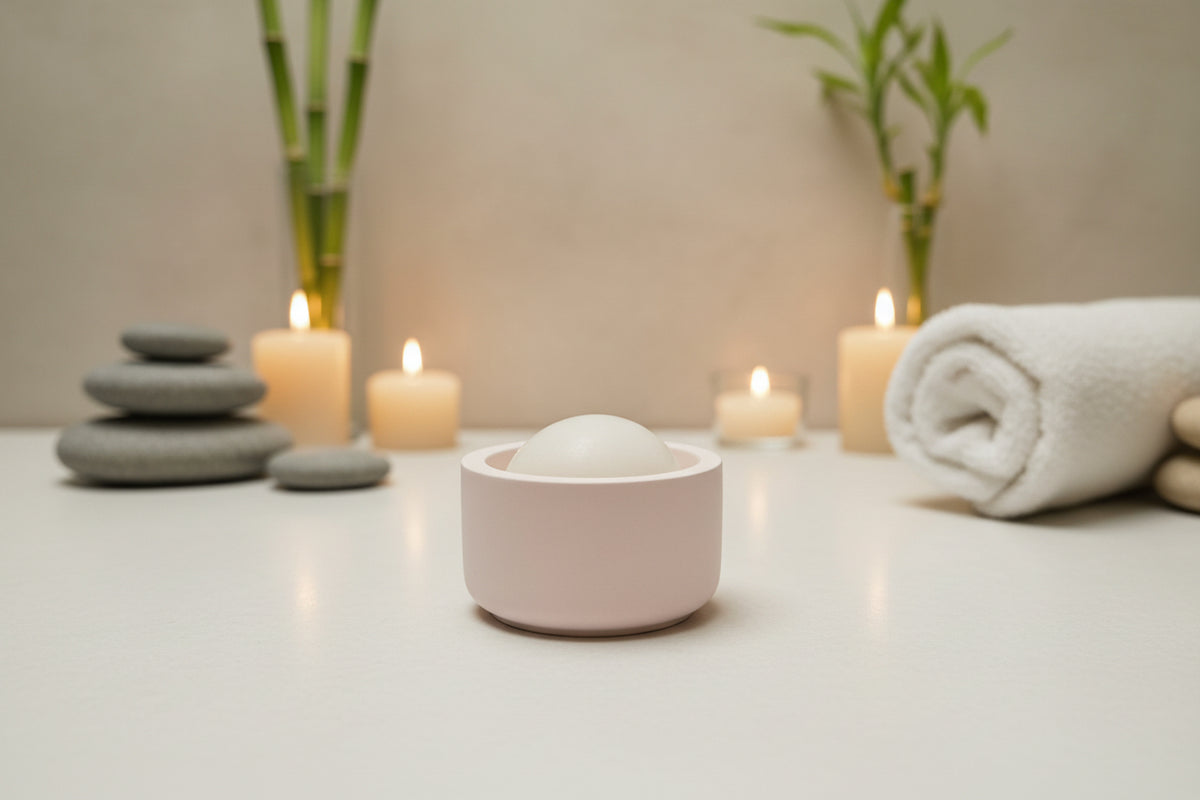A small white ceramic cup or dish holding a smooth white round object.