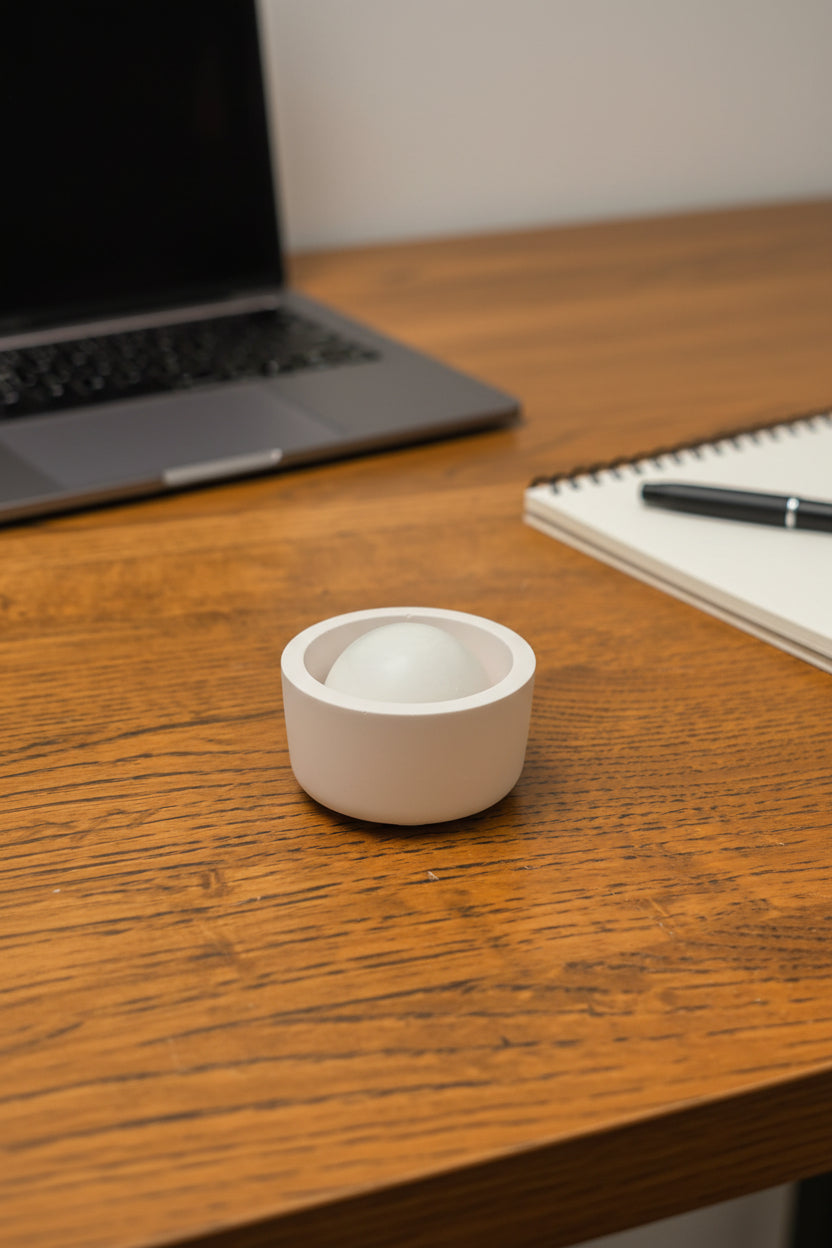 A small round ceramic cup with a smooth matte finish, containing a white spherical object.