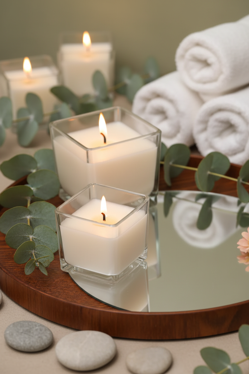 Two square glass candle holders containing white wax candles.