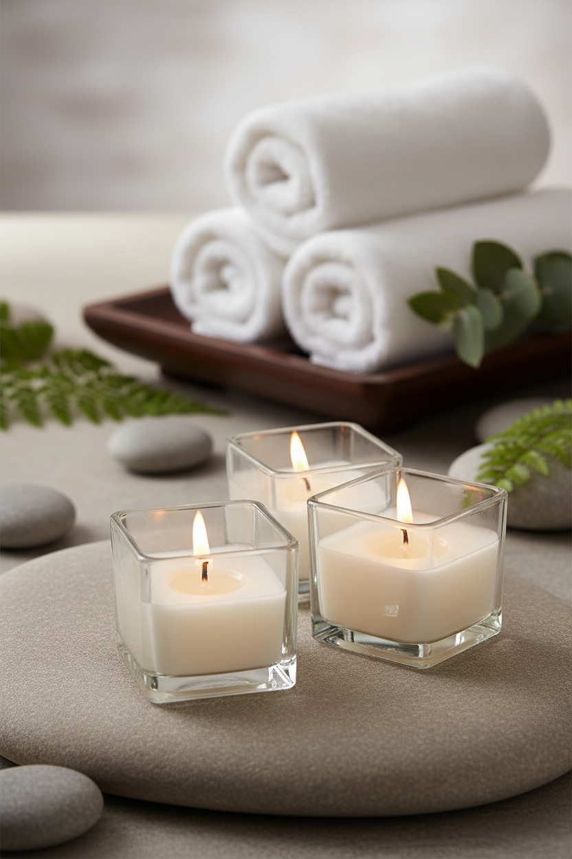 Three square clear glass candle holders containing lit white candles.