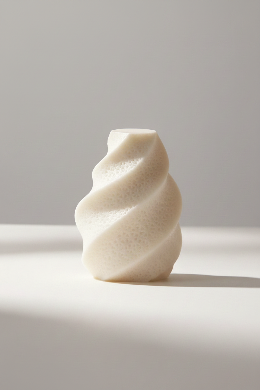 A close-up of a sculpted, spiral-shaped cream-colored product with a porous texture, set against a soft, light background.