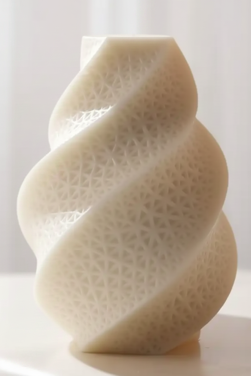 A sculptural spiral-shaped vase in an ivory tone, featuring a textured, geometric star-like pattern. It is shown on a light surface.
