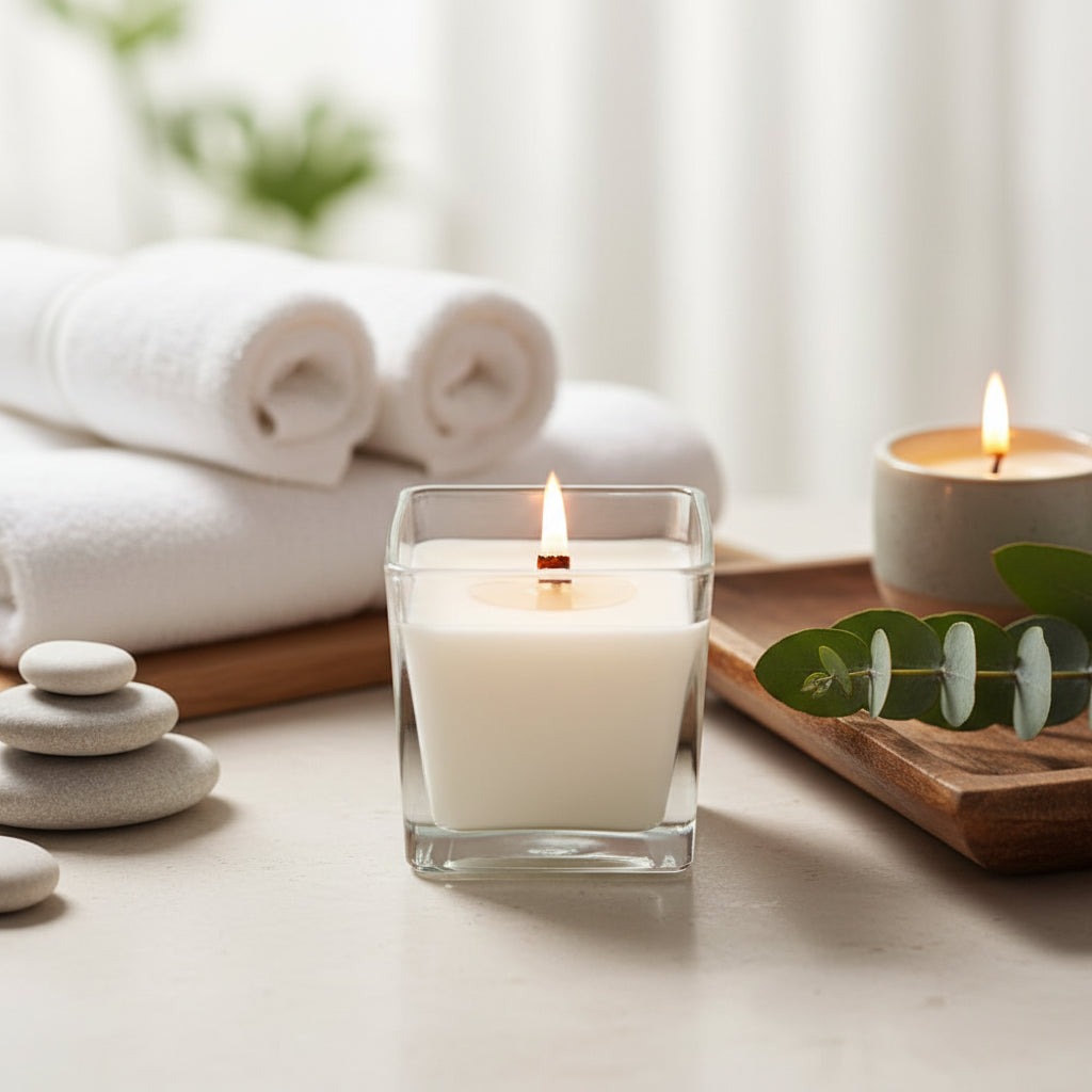 A candle in a clear square glass jar, lit with a single wick and a small flame.