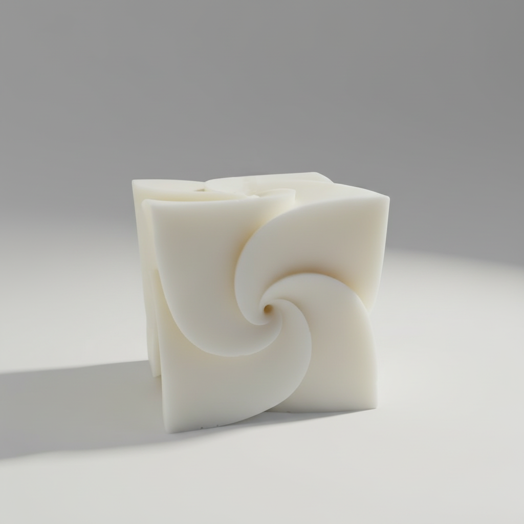 A white sculptural object with a twisted spiral design, photographed on a clean light gray studio background with a soft shadow.