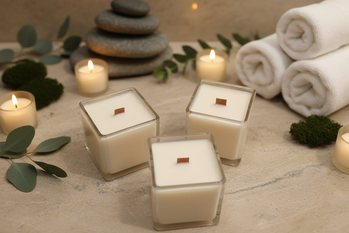 Three square glass jar candles with creamy off-white wax and small brown wooden wicks.